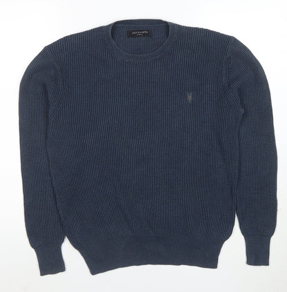 AllSaints Mens Blue Cotton Waffle-Knit Crew Neck Jumper XS