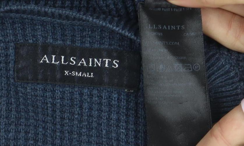 AllSaints Mens Blue Cotton Waffle-Knit Crew Neck Jumper XS