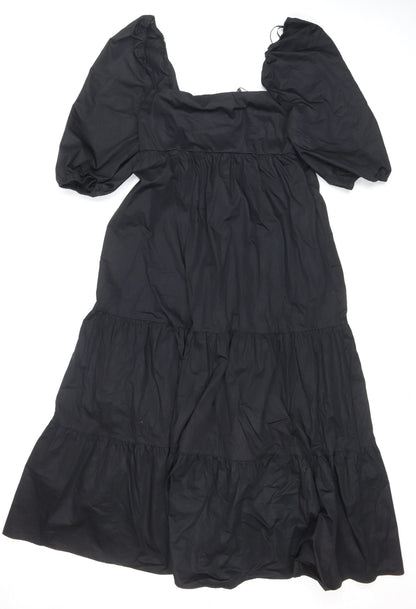 ZARA Women Black Puff Sleeve Smocked A-Line Midi Dress Size L