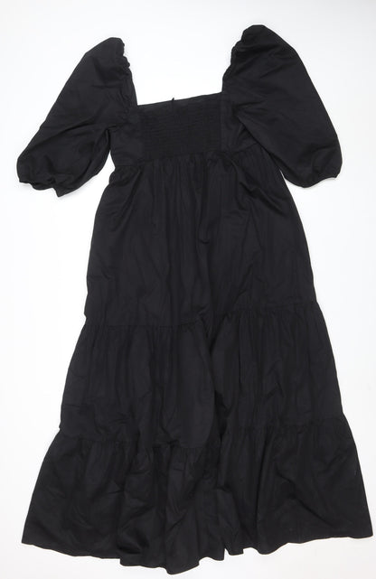 ZARA Women Black Puff Sleeve Smocked A-Line Midi Dress Size L