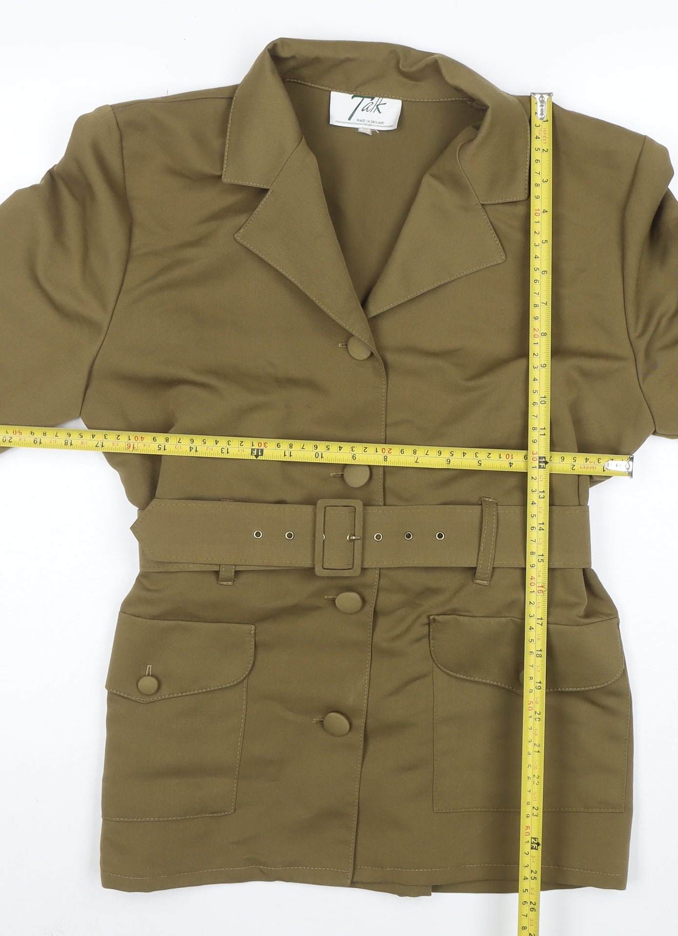 Talk Women’s Khaki Belted Short Sleeve Suit Jacket Size 10 Made in England