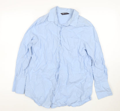 Marks and Spencer Women Blue Size 12 Cotton Long Sleeve Button-Up Shirt