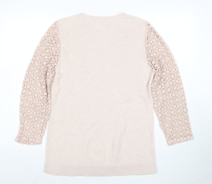 Cotton Traders Women Pale Blush Cotton Lace Sleeve Jumper Size 16