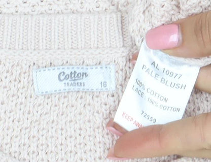 Cotton Traders Women Pale Blush Cotton Lace Sleeve Jumper Size 16