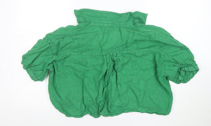 Zara Women Green Linen Cropped Button-Up Shirt M