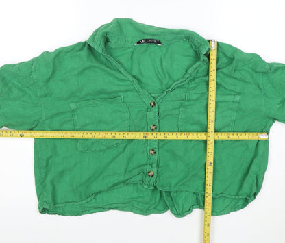 Zara Women Green Linen Cropped Button-Up Shirt M