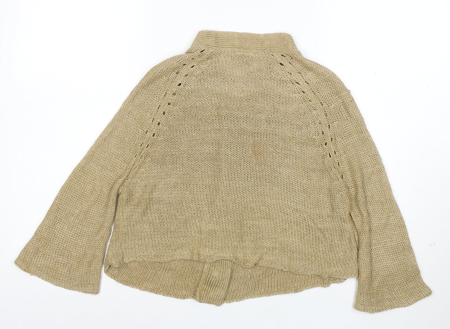Hikaru Beige 100% Linen Womens Cardigan M Open Knit Relaxed Fit
