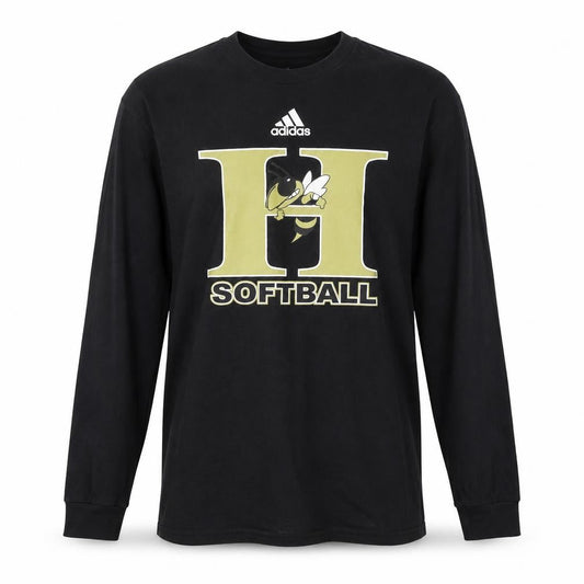 Front view of Adidas Men's Black Long Sleeve Softball Amplifier Tee L