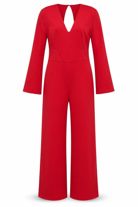 Quiz Women's Red Long Sleeve V-Neck Wide-Leg Jumpsuit Size 14