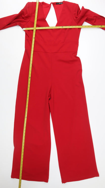 Quiz Women's Red Long Sleeve V-Neck Wide-Leg Jumpsuit Size 14