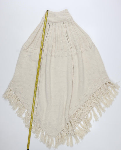 Monsoon Women’s Ivory Knit Fringe Cape Poncho One Size Acrylic