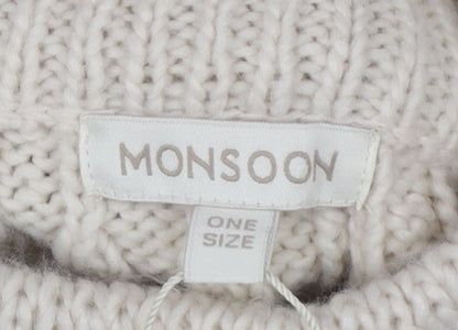 Monsoon Women’s Ivory Knit Fringe Cape Poncho One Size Acrylic