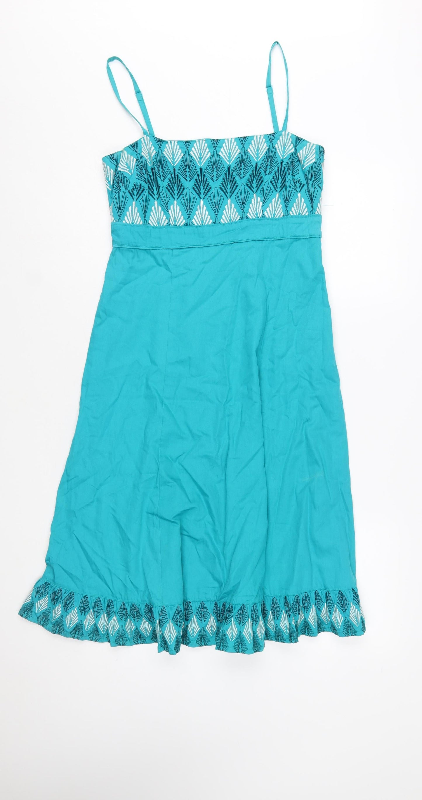 Monsoon Women’s Blue Cotton Embroidered A-Line Summer Dress Size 10