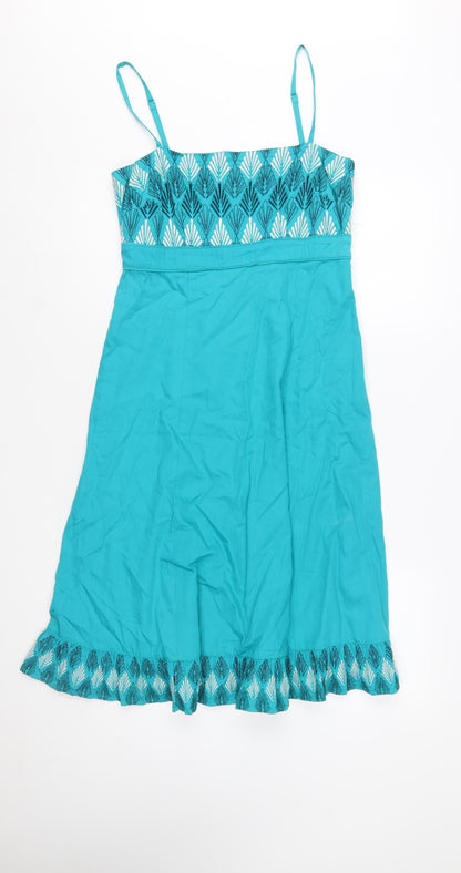 Monsoon Women’s Blue Cotton Embroidered A-Line Summer Dress Size 10
