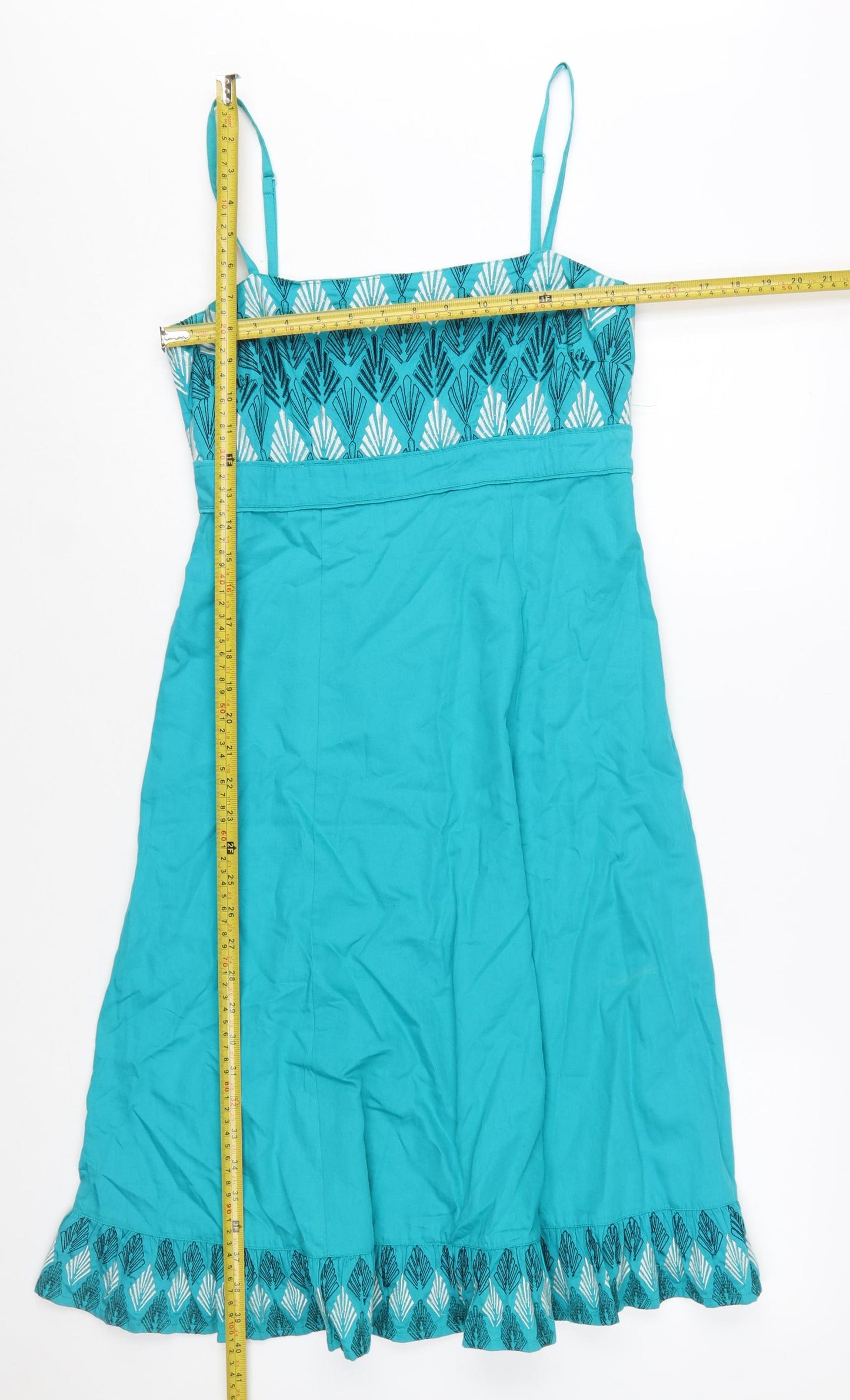 Monsoon Women’s Blue Cotton Embroidered A-Line Summer Dress Size 10