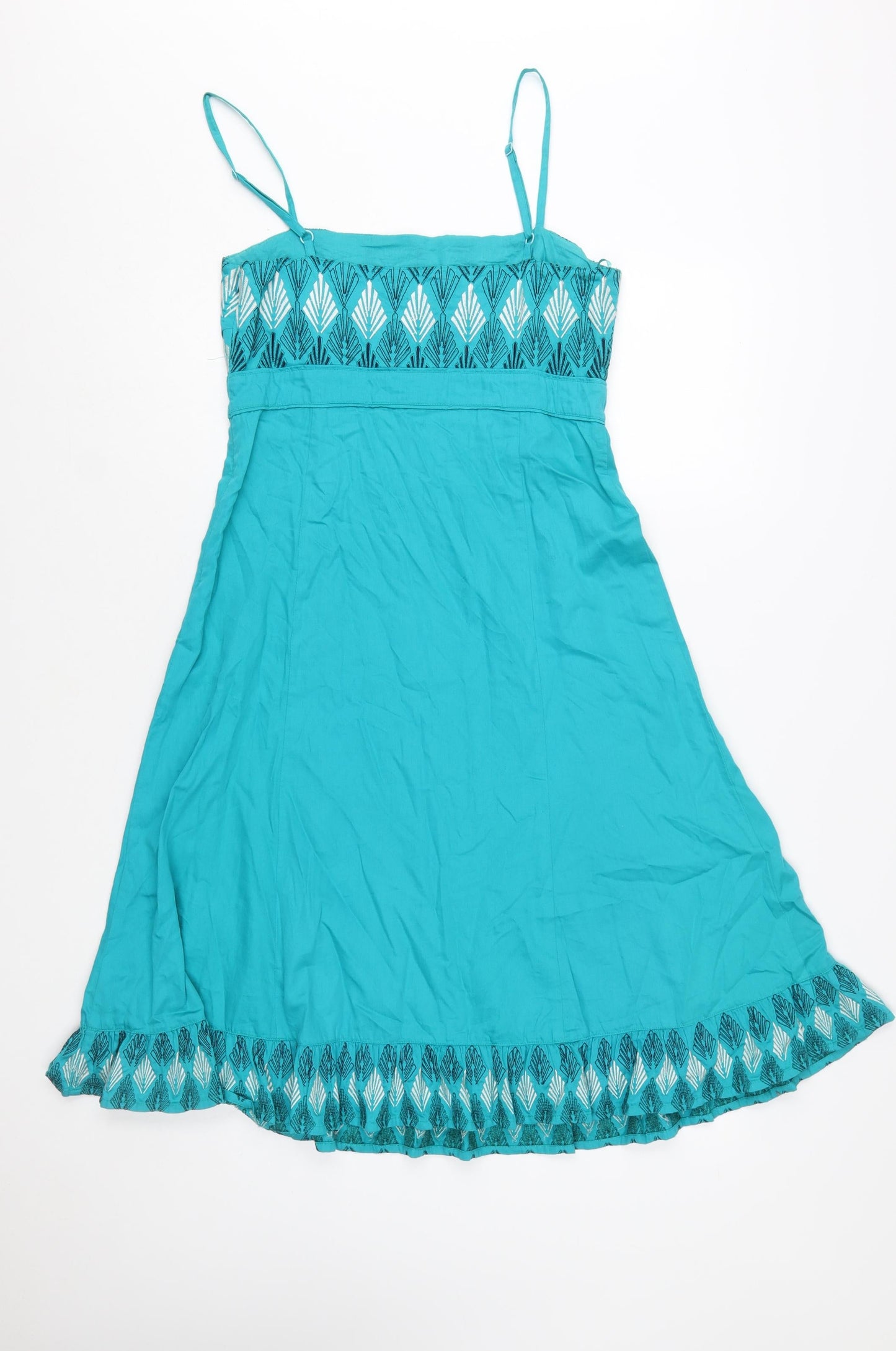 Monsoon Women’s Blue Cotton Embroidered A-Line Summer Dress Size 10