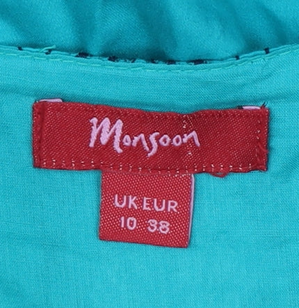 Monsoon Women’s Blue Cotton Embroidered A-Line Summer Dress Size 10