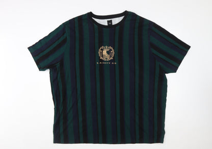 River Island Men's Navy Green Striped Crew Neck T-Shirt 3XL Classic Cotton