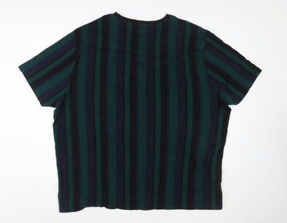 River Island Men's Navy Green Striped Crew Neck T-Shirt 3XL Classic Cotton