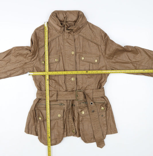 Next Women’s Brown Linen Blend Military Jacket Size 10 Belted Mid-Length