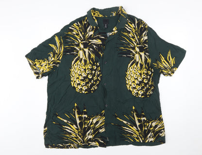 H&M Men's Green Tropical Pineapple Viscose Short Sleeve Shirt 2XL