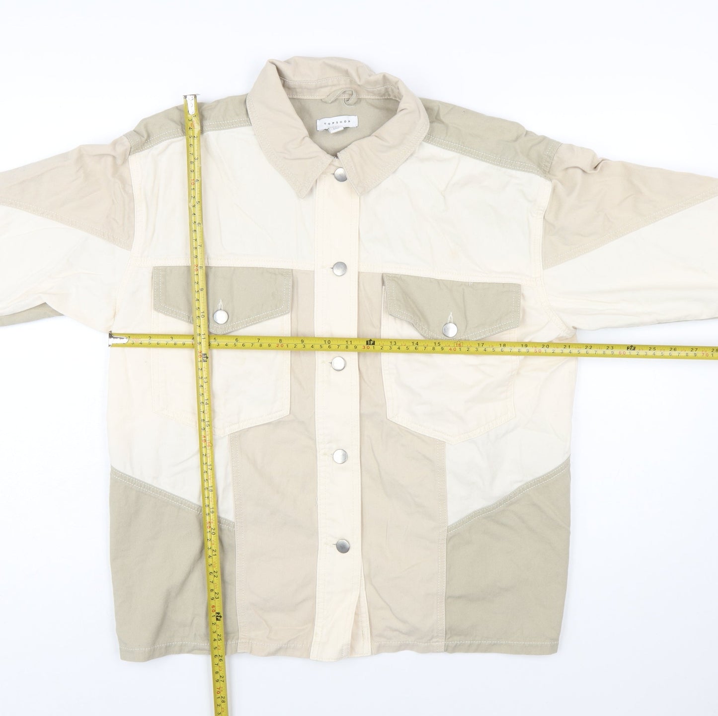 Topshop Women Beige Cotton Panelled Button-Up Jacket M