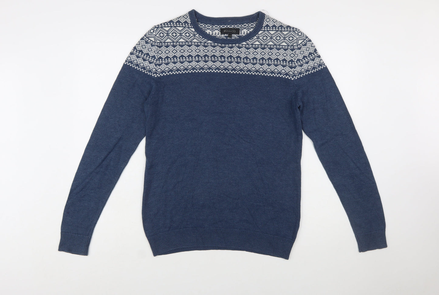 RW&CO. Men’s Blue Fair Isle Crew Neck Jumper XS
