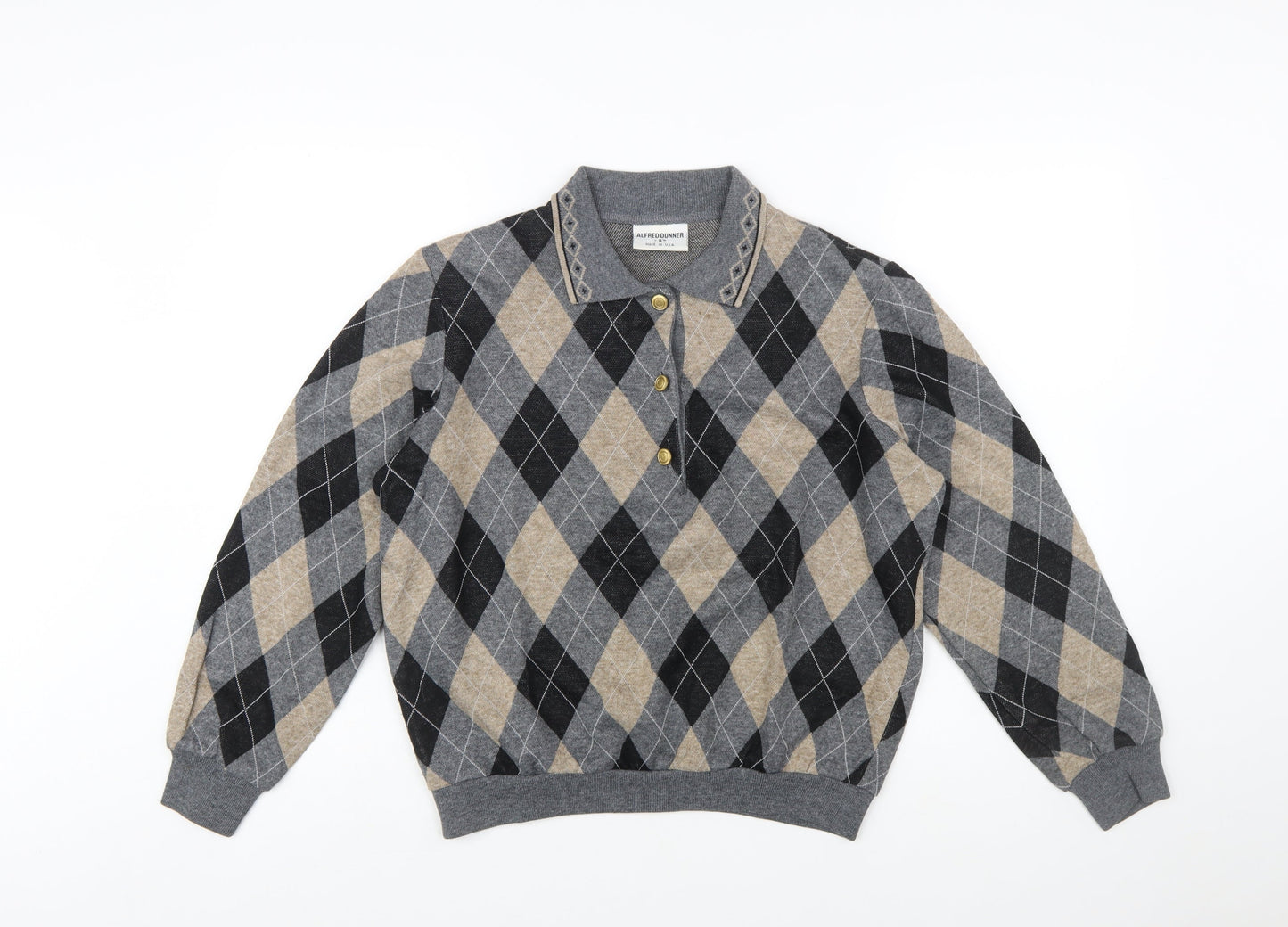Alfred Dunner Men’s Grey Argyle Collared Henley Knit Jumper S