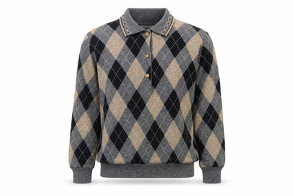 Alfred Dunner Men’s Grey Argyle Collared Henley Knit Jumper S