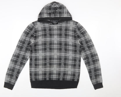 Brave Soul Men's Grey Check Hooded Pullover Knit Jumper Size M