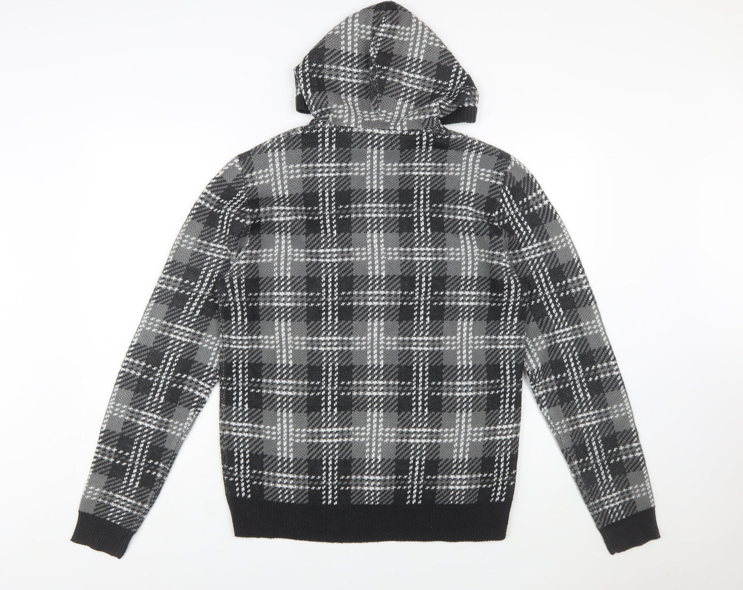 Brave Soul Men's Grey Check Hooded Pullover Knit Jumper Size M