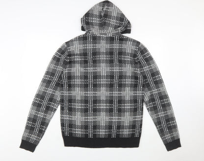 Brave Soul Men's Grey Check Hooded Pullover Knit Jumper Size M