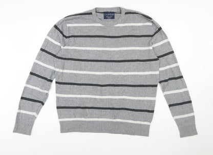 C&A Men's Grey Striped Cotton Blend Crew Neck Jumper XL