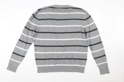 C&A Men's Grey Striped Cotton Blend Crew Neck Jumper XL