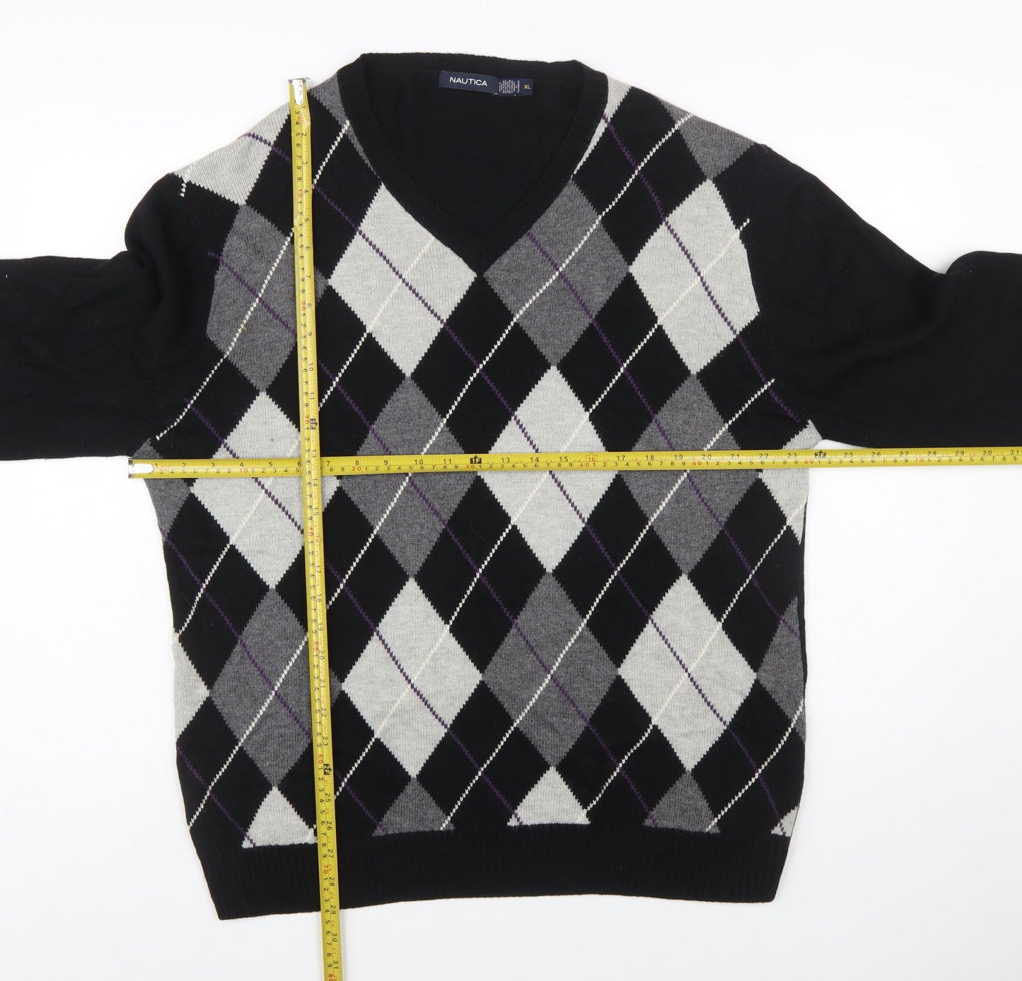 Nautica Men’s Black Argyle V-Neck Wool Blend Jumper XL