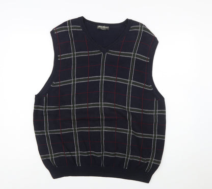 Eddie Bauer Men's Blue Check Cotton V-Neck Sleeveless Vest XL