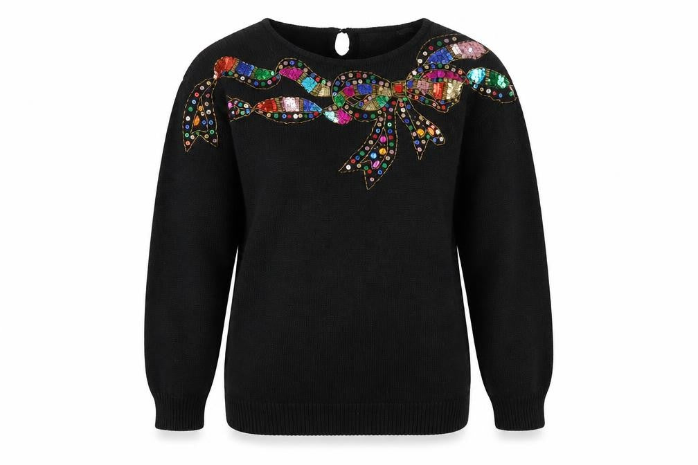 Trimmings Womens Black Sequin Bow Pullover Jumper Size S