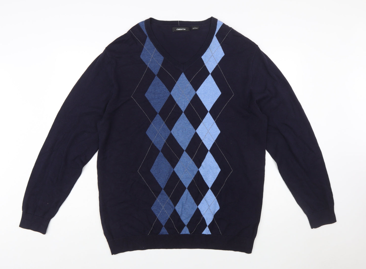 Claiborne Men's Blue Argyle V-Neck Cotton Jumper Size L