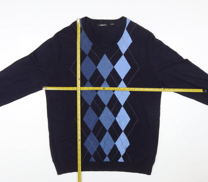 Claiborne Men's Blue Argyle V-Neck Cotton Jumper Size L