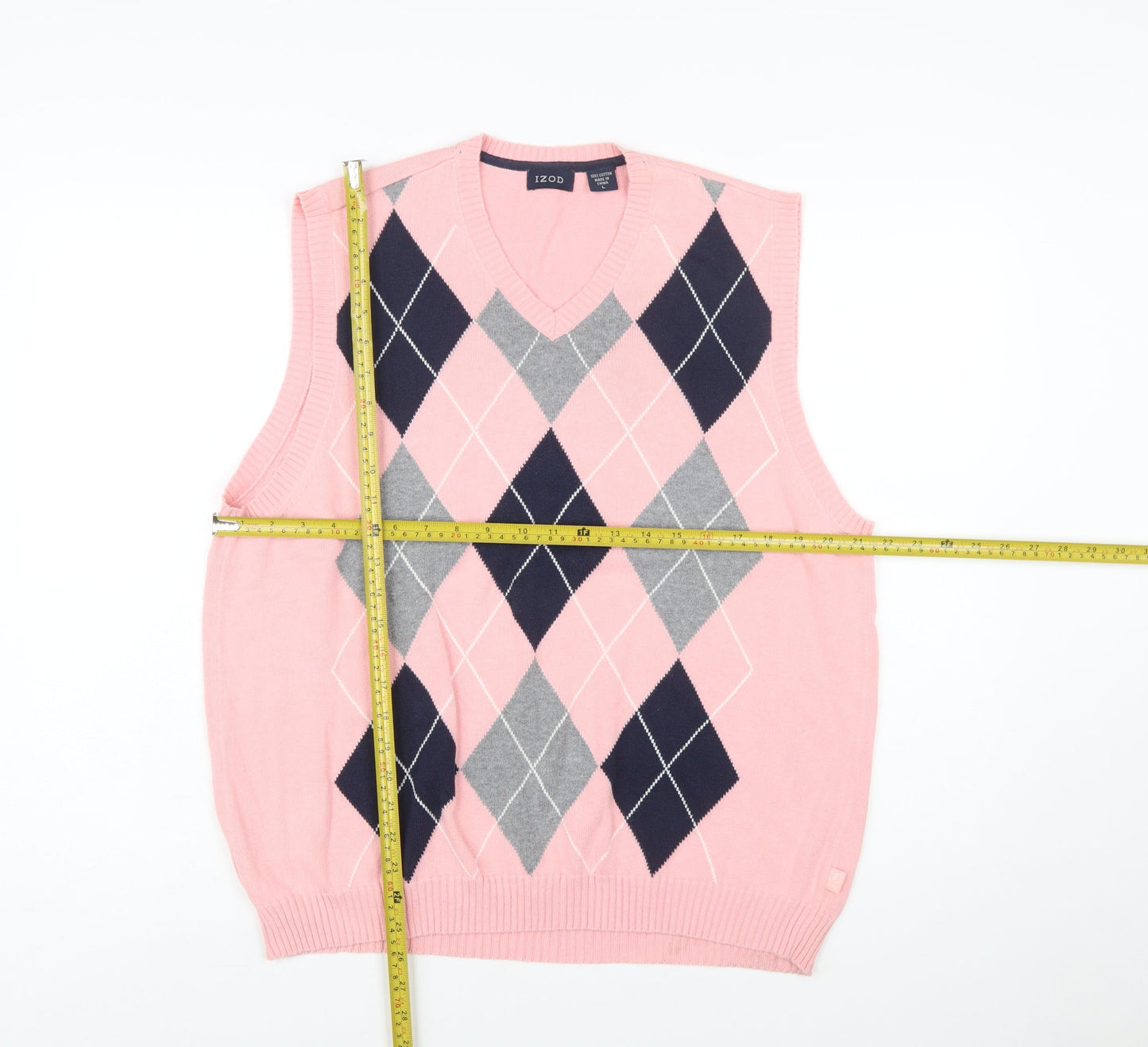 IZOD Men's Pink Argyle V-Neck Cotton Golf Vest Size L