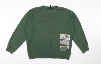H&M Women Green Oversized Sweatshirt L Cotton Blend Crew Neck