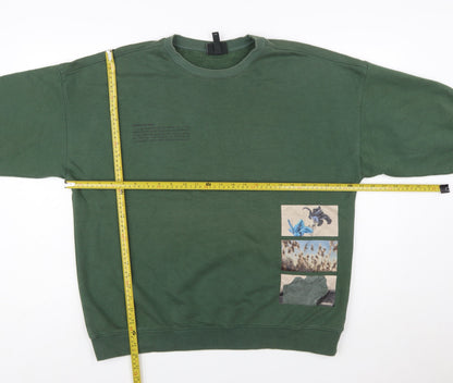 H&M Women Green Oversized Sweatshirt L Cotton Blend Crew Neck