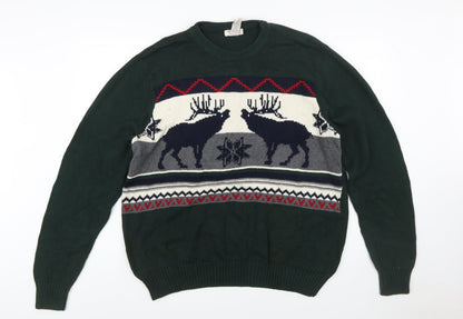 Dockers Men's Green Reindeer Cotton Fair Isle Jumper Size L