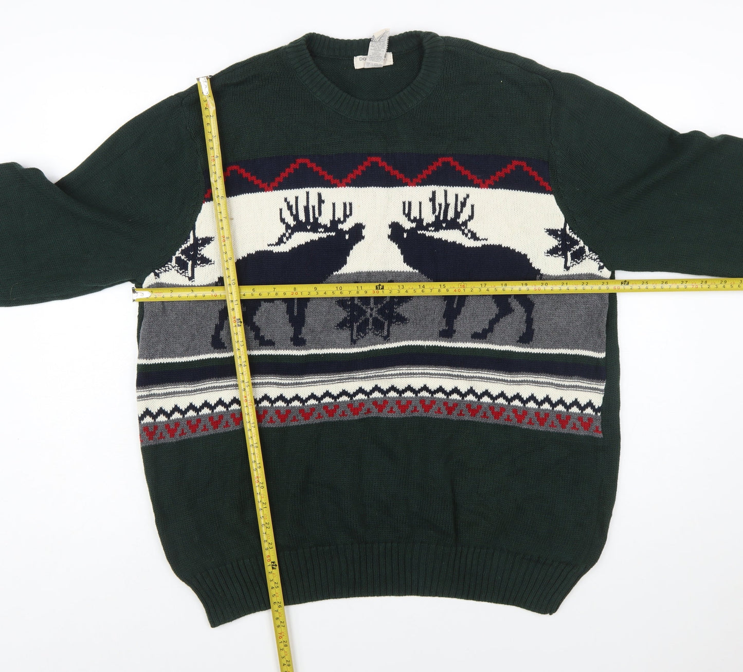 Dockers Men's Green Reindeer Cotton Fair Isle Jumper Size L