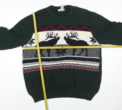 Dockers Men's Green Reindeer Cotton Fair Isle Jumper Size L