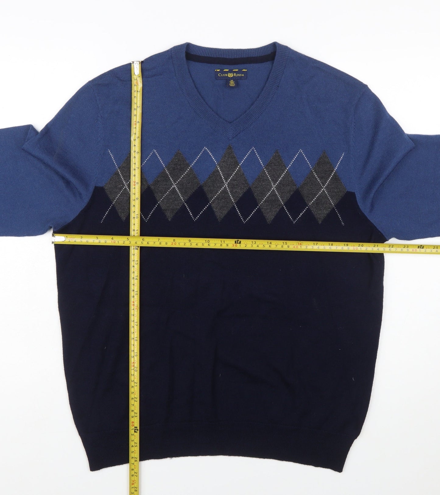 Club Room Men's Blue Argyle V-Neck Wool Blend Jumper Size M