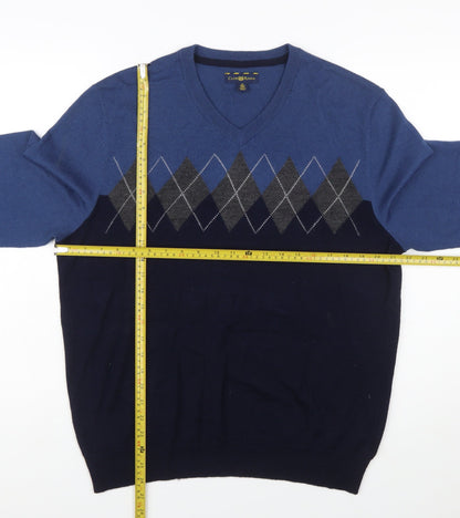Club Room Men's Blue Argyle V-Neck Wool Blend Jumper Size M