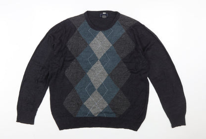 Dockers Men's Grey Argyle Acrylic Crew Neck Jumper Size L