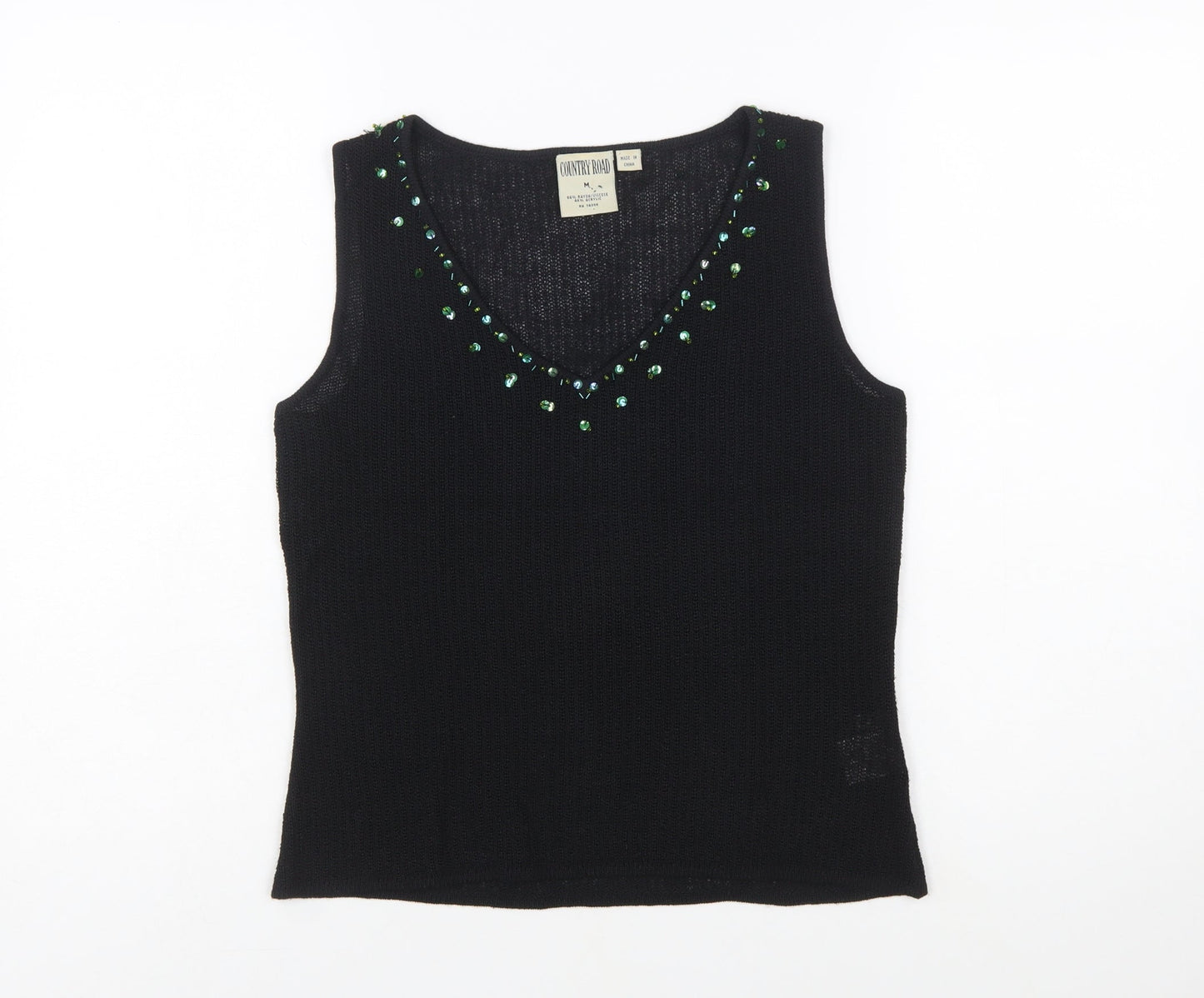 Country Road Women's Black Sequin Knit Sleeveless V-Neck Vest M