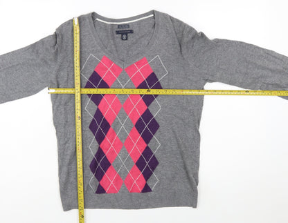 Tommy Hilfiger Men's Grey Argyle V-Neck Cotton Jumper L